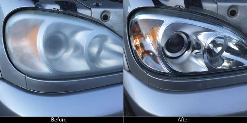 Before and after of a foggy headlight on a silver car restored to clear