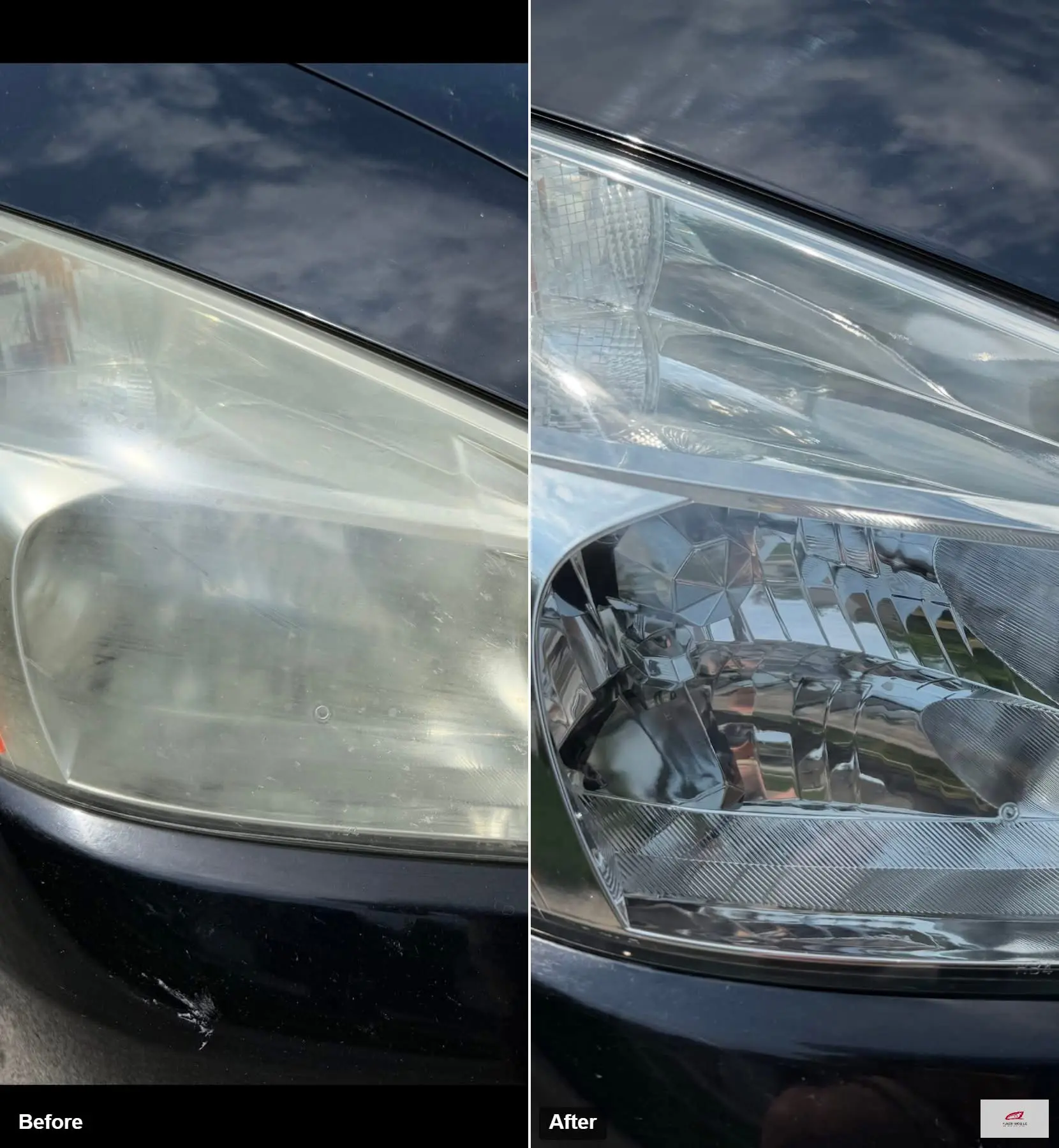 Before and after of a hazy sedan headlight restored to clear