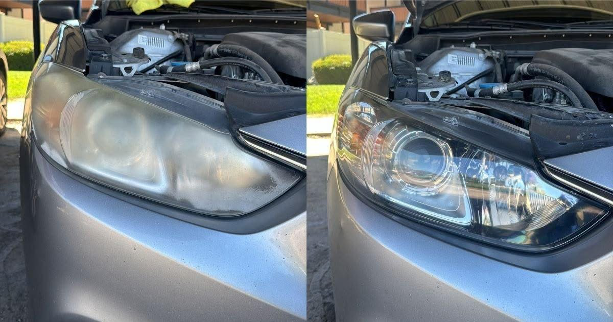 Before and after of a hazed projector headlight restored to clear