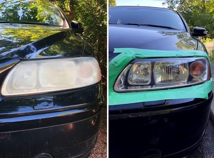 Before and after of yellowed headlights on a black sedan restored to clear