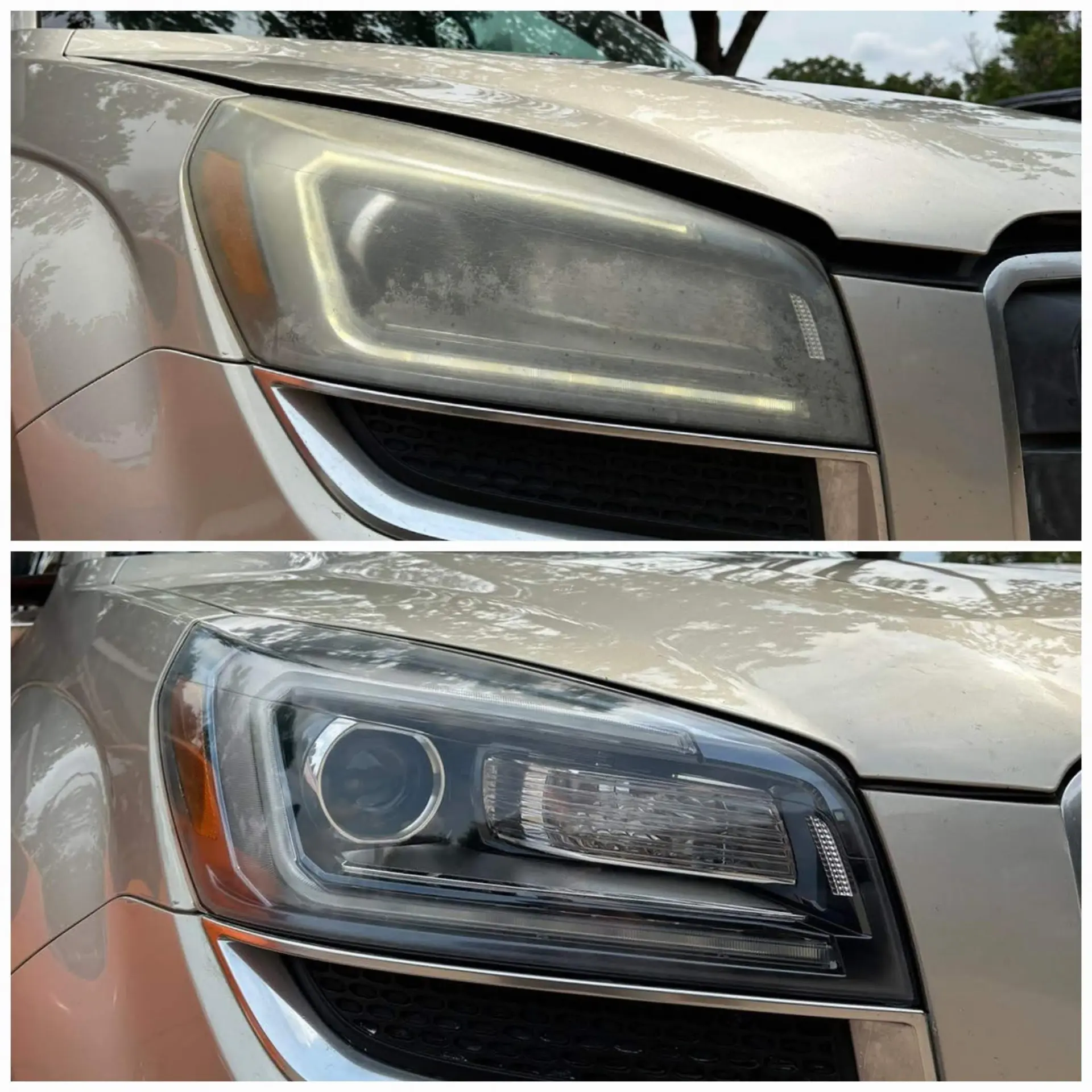Before and after of an oxidized SUV headlight restored to clear