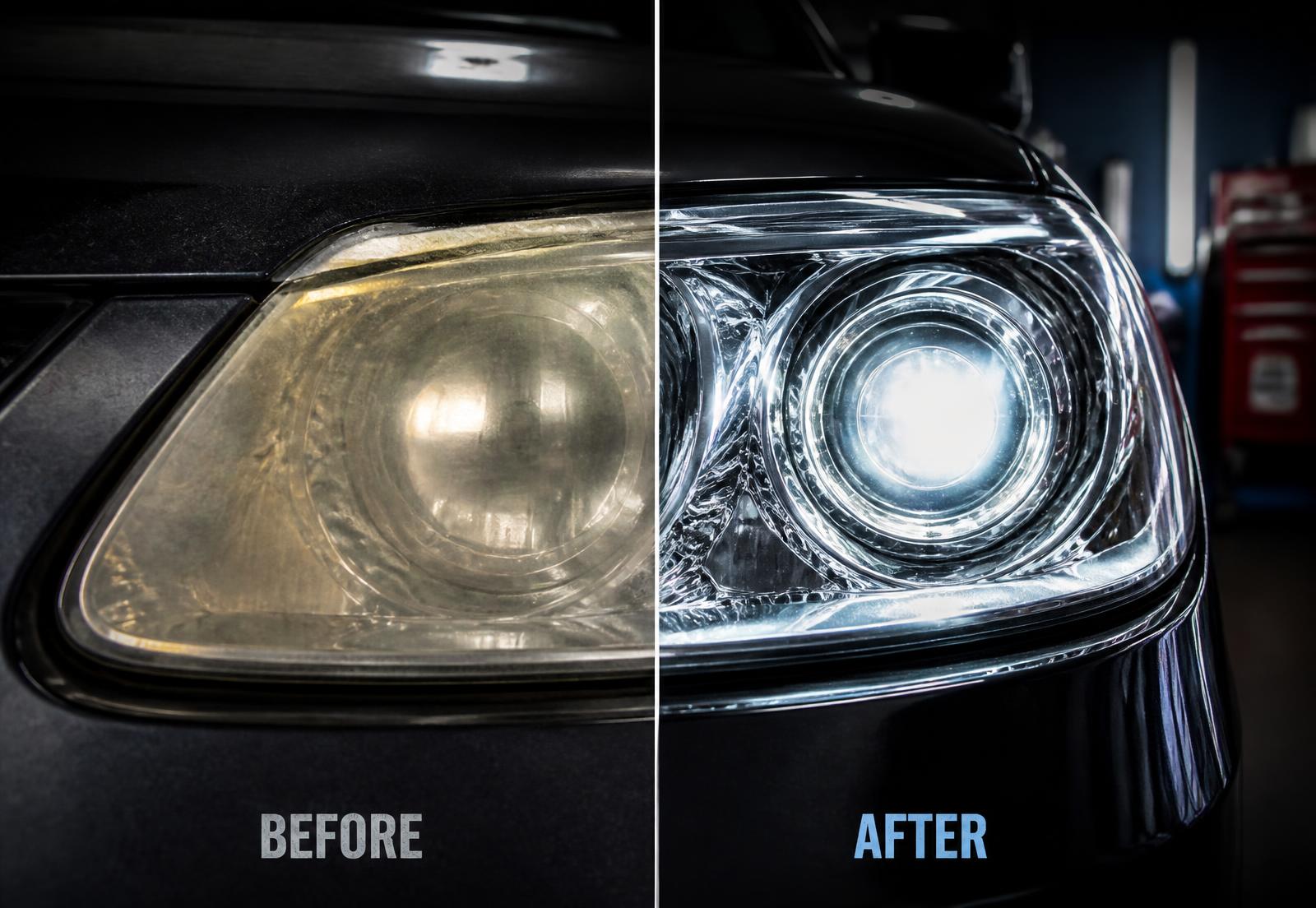 Cloudy yellowed headlight before restoration next to the same headlight restored crystal clear