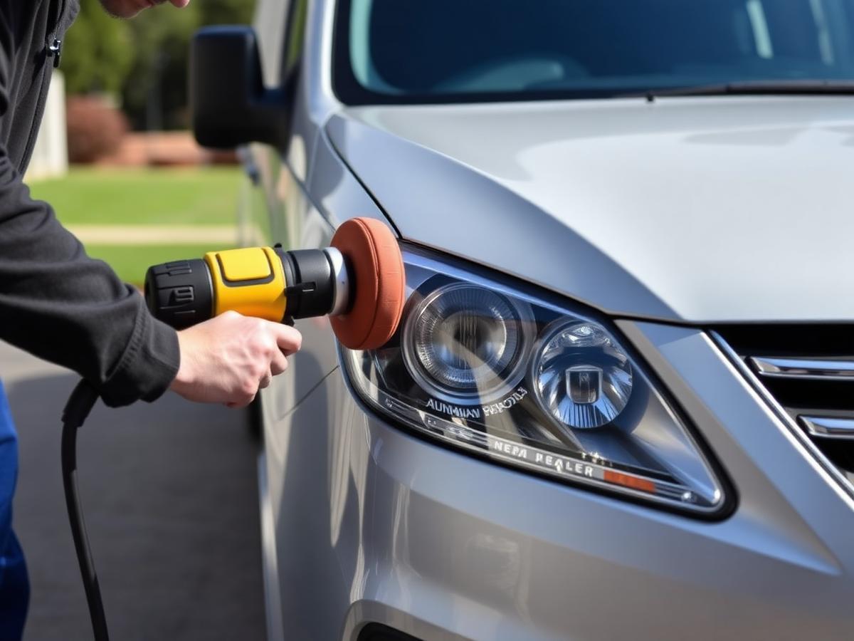 Technician machine polishing a car headlight in a customer's driveway