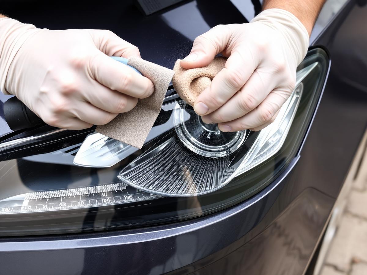 Technician wet sanding a car headlight lens during restoration