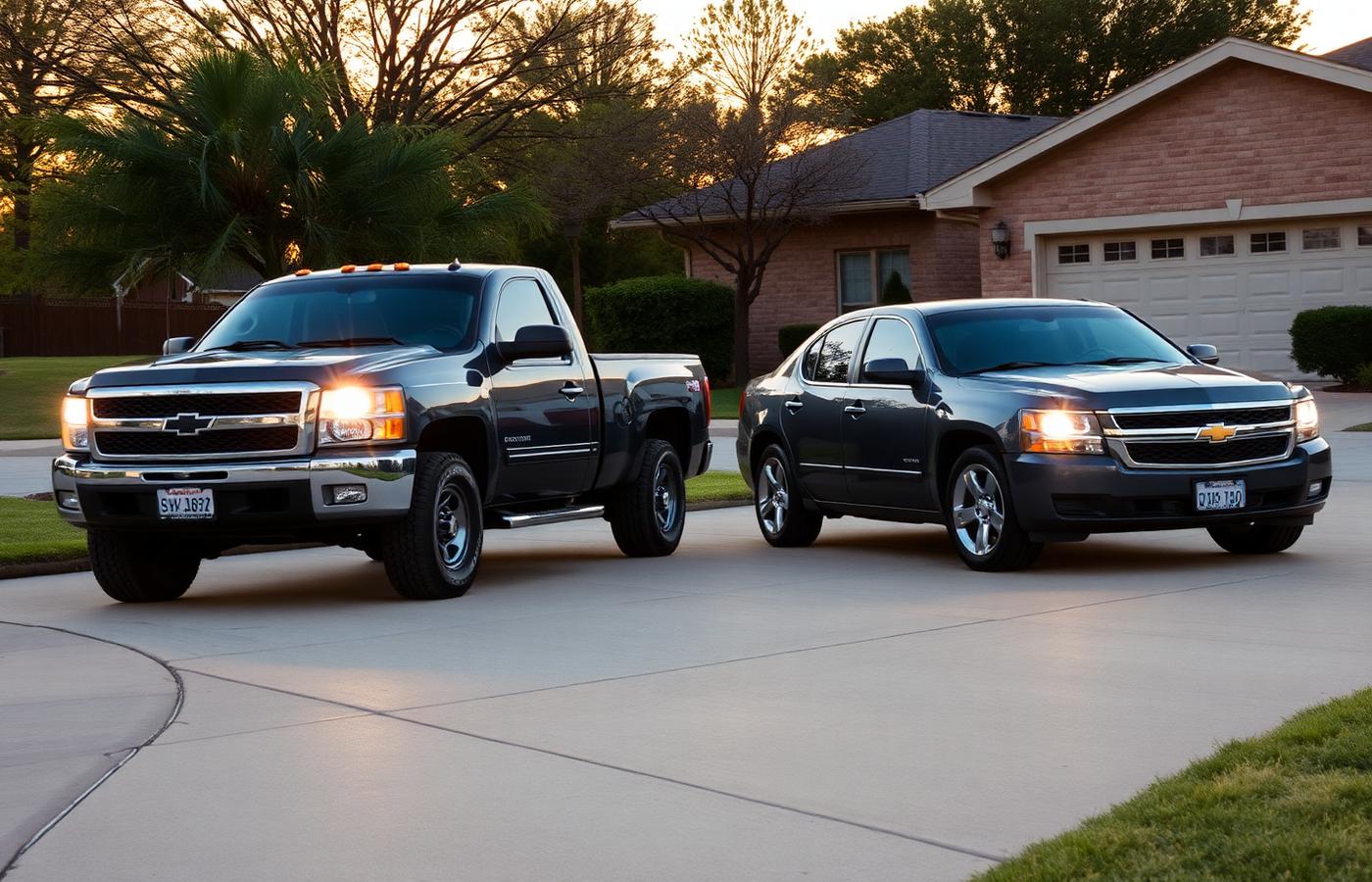 Vehicles with clear restored headlights parked in an Oklahoma driveway at dusk